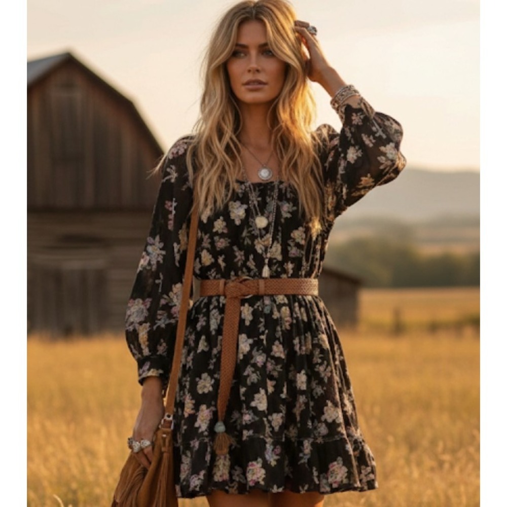 Free People Camella Mini‎ Dress Floral Printed Cotton Ruffle Ruched XS Boho 338